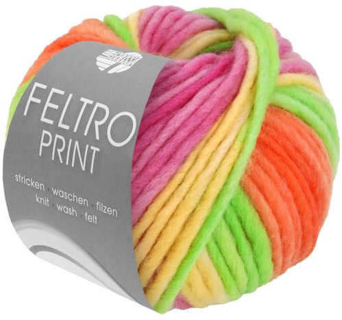 Lana Grossa FELTRO PRINT 50 g moderne Filzwolle in Print-Farben (schrumpft beim Waschen ca. 30-40%) 50 m, Farbe:1305 - Gelbgrün/Orange/Pink/Narzissengelb FB 1305