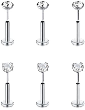 FECTAS 6pcs Threadless Push-In Knorpel Tragus Helix Piercing Schmuck Flat Back Stud Ohrringe Edelstahl 16G 6mm 8mm 10mm Lip Bars Labret Stud Lip Ohr Medusa Piercing 2mm 3mm 4mm CZ