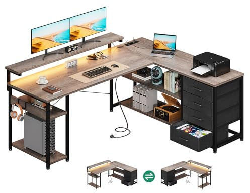 ODK Escritorio con Cajones, 155×110cm Escritorio Esquinero Reversible con 2 Enchufes y 2 Puertos USB, Mesa de Oficina en Forma de L con LED para Oficina en Casa, Roble Gris