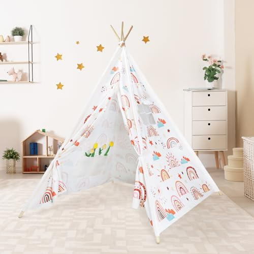 decalsweet Tipi Infantil Indio con Postes de Pino, Estabilizador de Madera, Tienda Campaña Infantil, Casitas Infantiles Tela Carpa, Casa de Juegos Exterior Interior para Niños Niña Arco Iris Bohemia