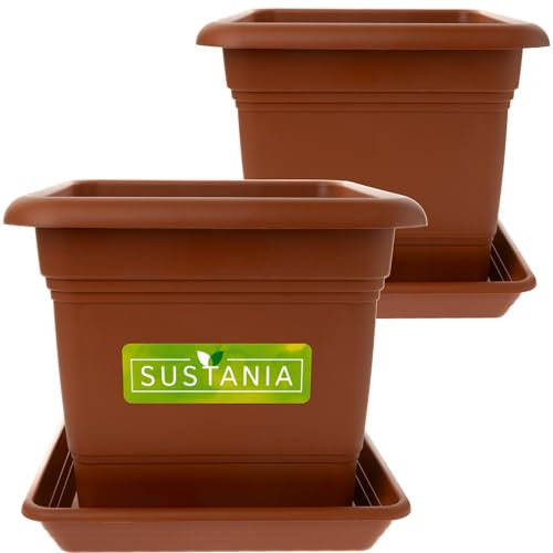 Sustania Vaso per piante quadrato 28x28 terracotta set di 2 - Robusto vaso da fiori grande, fioriera ideale per piante di pomodoro, vasi per piante quadrati in plastica per giardino e balcone