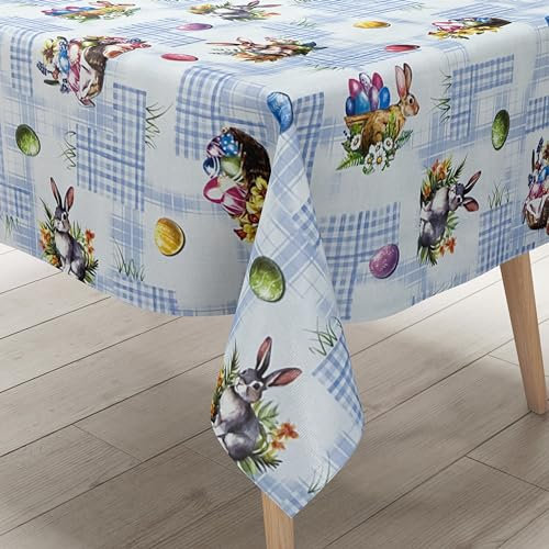 KEVKUS Wachstuch Tischdecke P1205-4 blau Ostern Osterei Osterhase wählbar in eckig, rund und oval - Größe eckig 100x140cm mit Paspelband