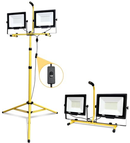 PICAA Treppiede Luce da lavoro LED 200 W doppia testa proiettore LED regolabile 6000 K bianco luce per cantiere esterno interno per officina, garage, costruzione seminterrato IP66 spina UK