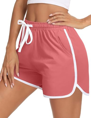 Aseniza Short Sport Femme Short de Sport Coton Bas de Survêtement Court Short de Course à Pied Short Décontracté Taille Haute Bordure Blanche pour Yoga Jogging Fitness Running Rouge Corail S