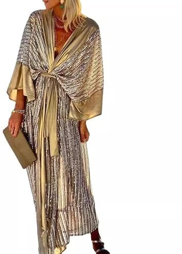 ThiCc Women's Shiny Kimono Midi Dress - Summer Elegant Vacation Beachwear Mid-Sleeve Cardigan Bathing Suit Swimwear Bikini Cover Up Party Cocktail Wedding Guest Sarongs
