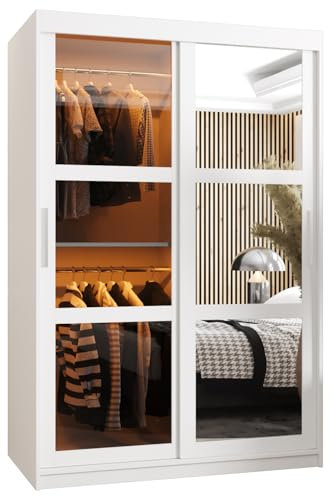 MEBLE KRYSPOL Dome 2 Schrank mit Zwei Schiebetüren mit Spiegel, Stangen und Regalen - Aufbewahrungsschrank mit Rauchglas für Schlafzimmer, Wohnzimmer - 200x120x62cm - Weiß, Weiß, Silber