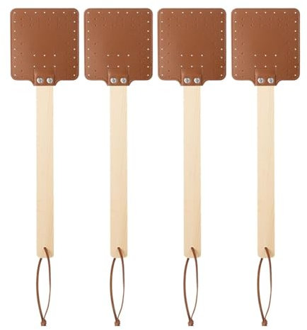 Jasaly Lot de 4 tapettes à mouches en cuir de 44,3 cm - Tapette à mouches manuelle avec poignée en bois