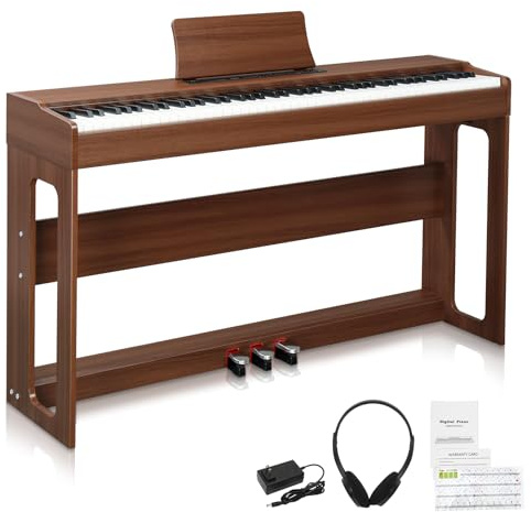 LEADZM Piano Numérique 88 Touches, Clavier Entièrement Lesté, Piano Électrique avec MIDI-USB, Bluetooth et Haut-Parleurs Stéréo, 128 Sonorités et Rythmes, Système à 3 Pédales (Noyer Noir)