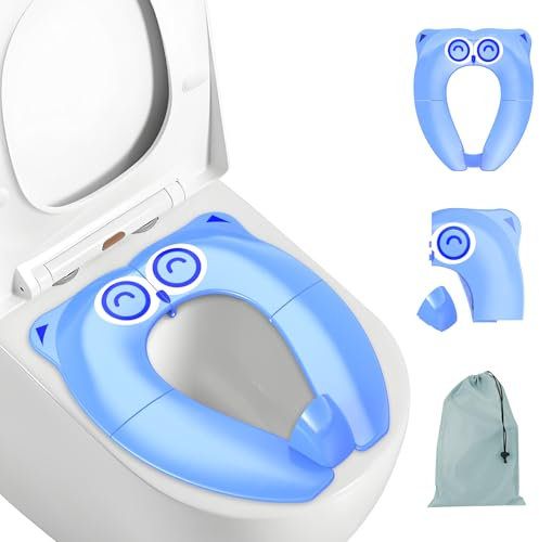 SURFOU Faltbarer Toilettensitz Kinder, WC Sitz Klositz für Kids Unterwegs, Toilettenaufsatz für Kind ab 1 2 3 4 Jahren, Reise Mobiler Baby Sitzverkleinerer Toilette Kindersitz Blau Cartoon