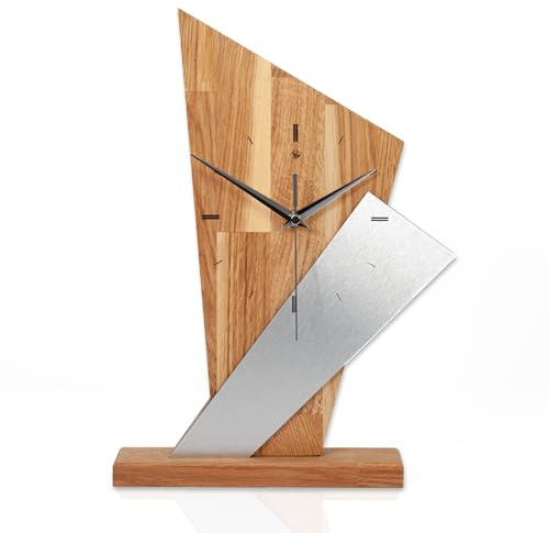 Kreative Feder Designer-Standuhr „Brown Square“ aus Massivholz – Tischuhr in modernem Metallic-Look ohne Ticken (leises Quarzuhrwerk, Eiche)