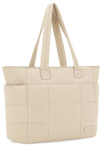 VASCHY Tygväska för kvinnor, lätt quiltad puffer arbetsväska med laptopfack stor puffig handväska för skola/lärare/resor/gym, Aprikos, 16cm x 37cm x 33cm