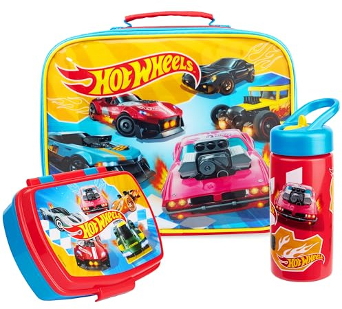 Get Trend Hot Wheels Sac Isotherme Repas Enfant Set, 3 Pcs Lunch Bag Isotherme 5L, Boite Repas 620ml et Gourde avec Paille 420ml Sans BPA, Fermeture Eclair et Poigné de Transport (Multi Hot Wheels)