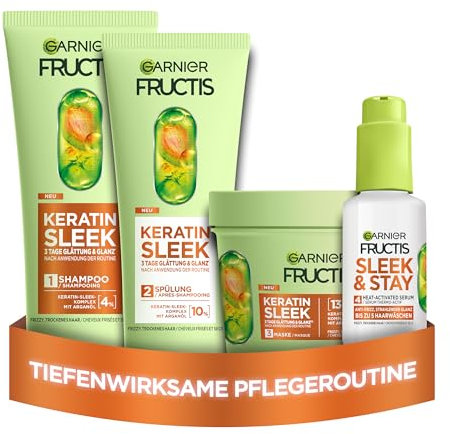 Garnier Fructis Keratin Sleek - Set per la cura dei capelli secchi e arricciati, con shampoo da 200 ml, balsamo da 200 ml, maschera da 370 ml e siero da 50 ml