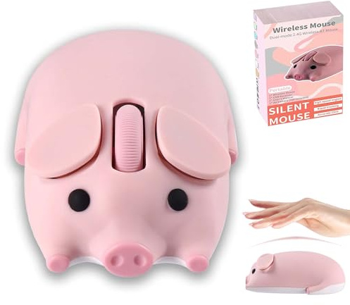Wireless Mouse, Cute Pig Shape, Dual Mode (2.4G + Bluetooth), Silent Portable Lightweight 3-button 1200DPI Small Travel Mouse Battery Powered, Gift for Women Men, for PC Laptop Computer Tablets(Pink)