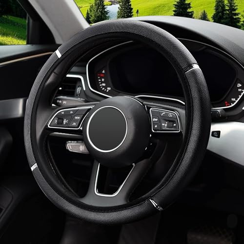 Black Anti-Slip Steering Wheel Cover, Soft Leather with Foam Metal Accents Steering Wheel Cover, Breathable Carbon Fiber Sports Elastic Wheel Cover Universal Size 37-38cm/14.5-15inch