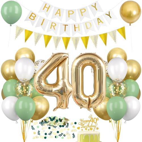 Decorazione per 40° compleanno, colore verde salvia, palloncini 40° compleanno, set decorativo verde, bianco oro, palloncino 40 con striscione decorazione torta, ghirlande Happy Birthday, per donne