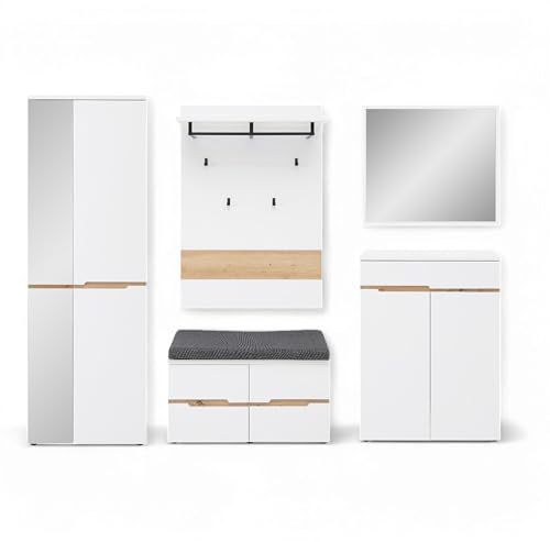 MEMPHIS Flurgarderoben Set Weiß Artisan Eiche Optik Garderobenset 5-teilig | 255 x 192 x 38 cm (B/H/T), Set aus Schrank Schuhkommode Schuhbank Paneel und Wandspiegel, mit viel Stauraum