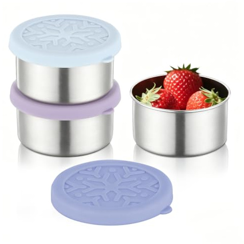 3Pcs Stainless Steel Small Food Containers with Silicone Lids To Go 220 ml | Snack Boxes Reusable Meal Prep Metal Food Storage Containers for Kids Adults School Work Travel