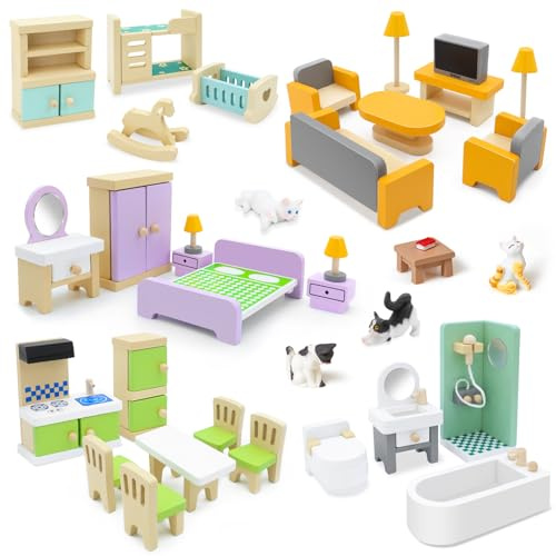 33PCS Wooden Dollhouse Furniture Set, Toys for Boys Girls & Toddlers 3Y+