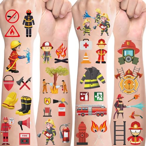 Feuerwehr Tattoo Kinder,10 Blätter Feuerwehrmann Kindertattoos Hautfreundlich Set Temporäre Tattoos Jungen,Mitgebsel Kindergeburtstag Geschenke Feuerwehrfest Deko Feuerwehr Geschenke