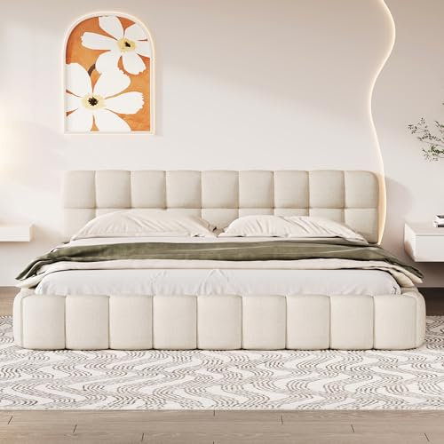 DAHUEN Sängklädsel, 160 x 200 med ribbotten, dubbelsäng, bubbelsäng, med stoppad sänggavel, bomull- och linnematerial, för vuxna och tonåringar (beige, 160 x 200 cm)