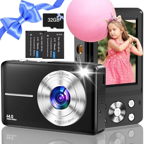 Macchina Fotografica Digitale con Scheda da 32GB, 1080P Macchina Fotografica Compatta 44MP Fotocamera con Zoom Digitale 16X e 2 Batterie per adolescenti, principianti, ragazzi (Nero)