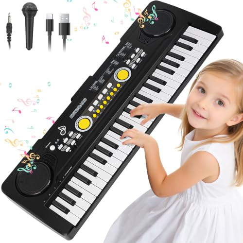 QiquBox Clavier de Piano Enfants Jouet 49 Touches avec Microphone | Électronique Clavier, Instrument de Musique Jouet pour Garçons et Filles de 3 4 5 6 7 Ans Cadeau