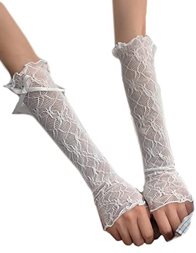CHIZISX Damen-Armwärmer aus Spitze, fingerlos, dehnbare Armstulpen, Ellenbogenlänge, 30,5 cm, Schwarz / Weiß, Spitzenarmstulpen für Damen, weiß, schwarz, für Kleid, Sonne, kurz, weiß, One size