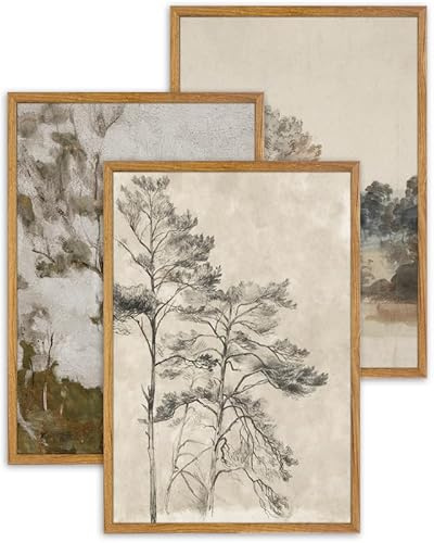 UPWOIGH Large Framed Wall Art, Set of 3 Vintage Muted Landscape Prints, 16x24 in Natural Cotton Posters with Trees, North Botanical Decor, Farmhouse Aesthetic for Living Room, Bedroom