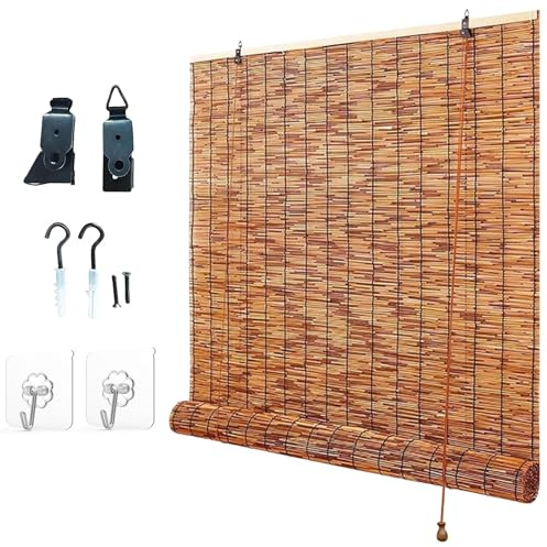 CXUEHNL Retro Raffrollo Outdoor Bambusrollo Seitenzugrollo Sichtschutz Jalousien 40-175cm Breit Mit Lifter Lichtfilternde Fensterrollo Wetterfest Bambus Rollos Natürliches Schilf Vorhänge