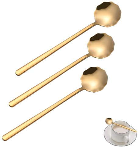 WUSJCOF Lot de 3 Cuillères Latte Macchiato, longues cuillères à yaourt, en acier inoxydable poli, résistant aux rayures, antirouille, compatible lave-vaisselle (18,5 cm, Or)