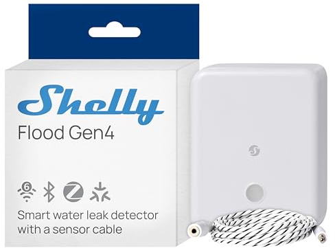 Shelly Flood Gen4 - Smart Wi-Fi & Matter Water Detection Sensor + Leak Sensor Cable, IP44, Flood and Rain Detector, 3 Alarm Modes, Home Security, No Hub Required, Timer, Alexa & Google, Apple HomeKit