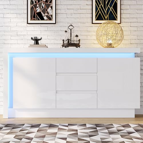 PUGSDRLY 140 * 35 * 72 cm Commode Buffet Blanc à tiroirs avec 3 tiroirs, étagères réglables et 2 Portes, pour Chambre à Coucher et Salon