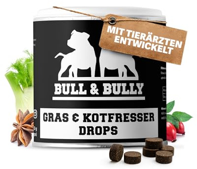 BULL & BULLY – Gras und Kotfresser Drops Hund 350 g (150 Drops) – Gesunde Hundeleckerli gegen Gras- & Kotfressen – Leckerlis Hund zur Unterstützung von Magen & Darm – Anti-Kotfresser Leckerli Hund