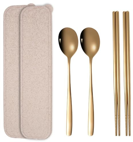 Machify 2 Cases Included, Gold Chopsticks And Spoon Set, Portable 304 Stainless Steel Flatware Set, Modern Luxury Tableware For Home And Travel Use, 2 Pairs Of Chopsticks, And 2 Spoons