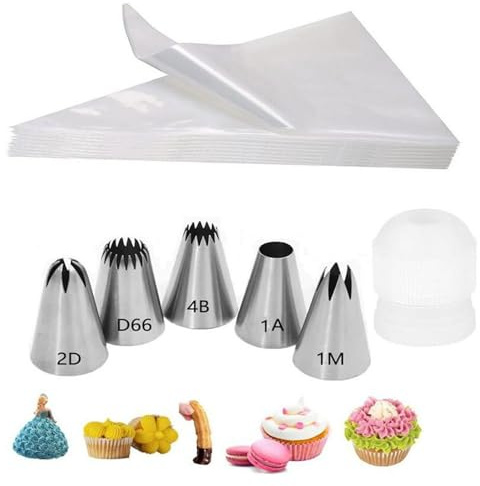 Large Icing Nozzles and Bag with Coupler, 5Psc DIY Flower Icing/Cake Piping Nozzles Tips Kit, 20Psc Reusable Bags, for Cake Dessert Cookies Cupcake