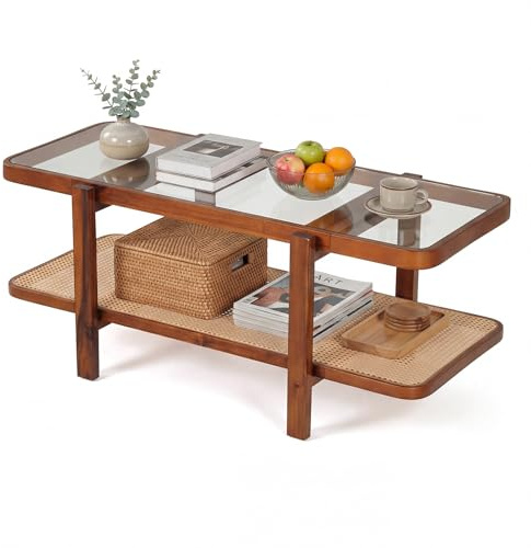 COSTWAY 2-Tier Coffee Table, Tempered Glass Cocktail Center Table with Rattan Storage Shelf, Acacia Wood Frame Accent Sofa Side Tea Tables for Living Room and Office (Rectangle, 120x56x50cm, Walnut)
