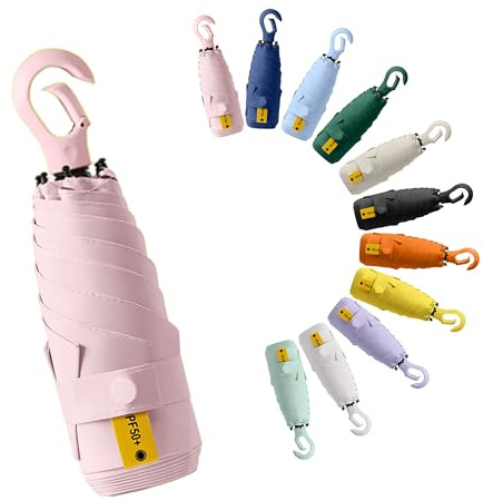 Mini Viaje Sombrilla De Mano Portátil Paraguas Plegable Compacto con Asa De Anilla Mosquetón, UPF 50+ Protección UV,Solar y Lluvia,Bolsillo,Costillas De Fibra De Vidrio, Ligero,Niños Mujeres