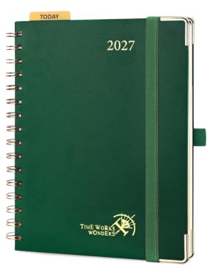 POPRUN Kalender 2027 Wochenplaner A5(21 x 15,5cm) Spiralbuch Hardcover | Buchkalender,(Jan.2027-Dez.2027),Planer 1 Woche 2 Seite,(Montag - Sonntag),mit Plastiklineal,100 GSM Papier(Dunkelgrün)