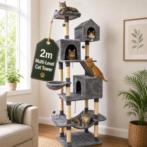 Marco Paul Cat Tree, 206 cm Extra Large Cat Tower Condo with 13 Scratching Posts,1 Scratching Ramp, 2 Perches, 2 Caves, Basket, Hammock, Pompoms Grey Cat Bed House