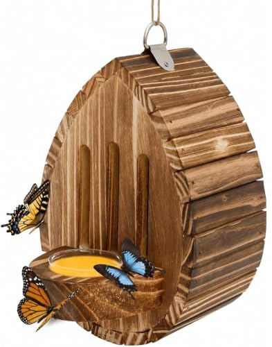 Casa de mariposa para jardín, casa de mariposa de madera en forma de lágrima | Estación de alimentación de mariposas con cuerda y charco para decoración de jardín exterior