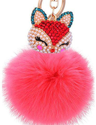 Canarea Keychain Elegant Plüsch-Kugel Schlüsselanhänger plüsch ball Taschenanhänger strass bommel Auto-Anhänger Pompom Weich Schlüsselring Süß Fox Kopf mit Strass Perles (Pink-25)