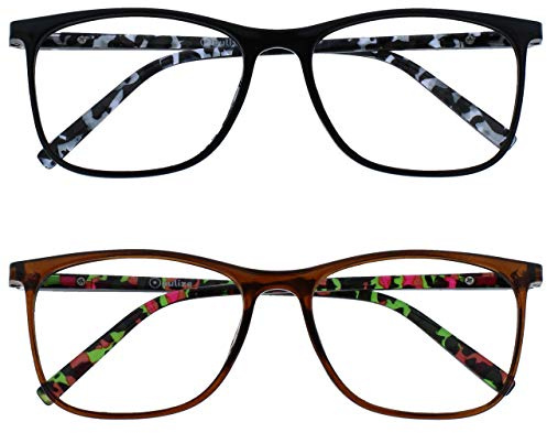 OPULIZE Arc Gafas de Lectura Pack de 2 Montura Cuadrada Estilizada Delgada Negro Marrón Varillas Translúcidas con Dibujos Lentes Resistentes a Arañazos Bisagras de Muelle Hombre Mujer RR66-12 +3.00