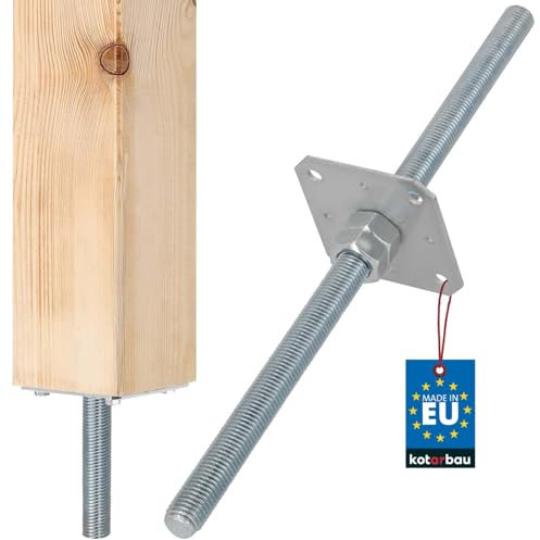 KOTARBAU® Pfostenträger Gewinde M24 mm mit Schraube Stützenfuß Höhenverstellbar Verzinkt Bodenfuß Betonfuß Zum Einbetonieren 110 x 110 x 500 mm