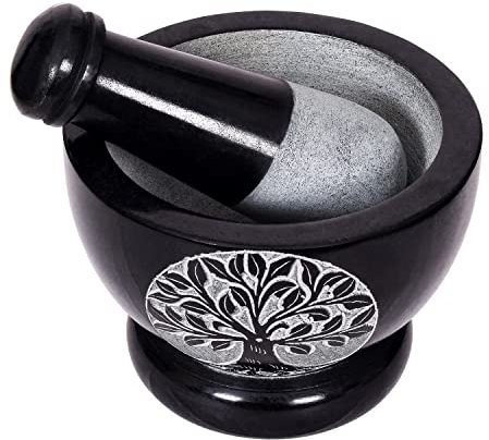 Mortier et pilon Divit Shilp, fabriqués en pierre dure polie très résistante, broyeur en pierre naturelle pour épices, pâtes, herbes, assaisonnements, etc. (Tree of Life, Normal)
