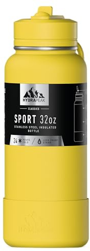 Hydrapeak 32oz Sport Insulated Water Bottle with Straw or Chug Lid, Leak & Spill Proof, Keeps Drinks Cold for 24 Hours, Hot for 12 Hours, Premium Stainless Steel Water Bottles (32oz, Lemon)