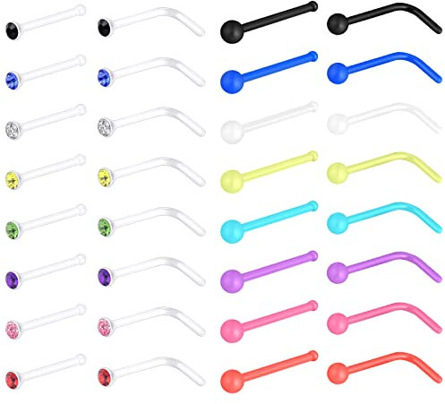 Longbeauty 20G Nasenpiercing Nasenringe 32 Pcs Bunt Acryl Piercing Retainer Bioflex Flexible CZ Nasenstecker Ohrpiercing L-Förmig Piercing Schmuck