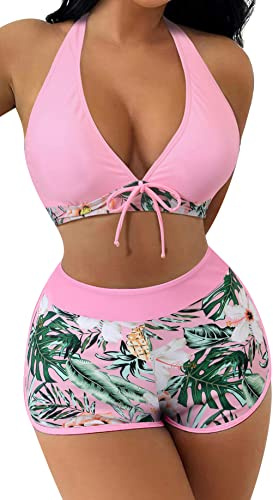 FEOYA Women's Tankini Sets Sexy Two Pieces Swimsuit Halter Neck Top with Shorts Bikini Sets Floral Print Swimwear Plus Size Push Up