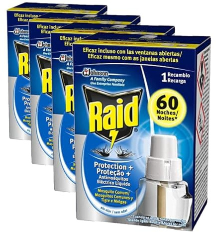 Raid ® Recambio Eléctrico Líquido Protección+ 60 noches - Cargador para aparato anti mosquitos comunes y tigre con difusor regulable (Paquete de 4)