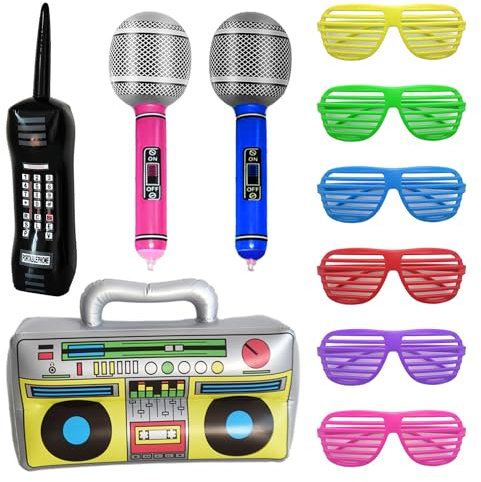 1 Stück Aufblasbares Radio + 1 Stück Aufblasbares Retro-Handy + 2 Stück Aufblasbares Mikrofon + 6 Stück Jalousien Partybrille ， 80er 90er Jahre Aufblasbare Party Requisiten Dekoration Disco Rapper